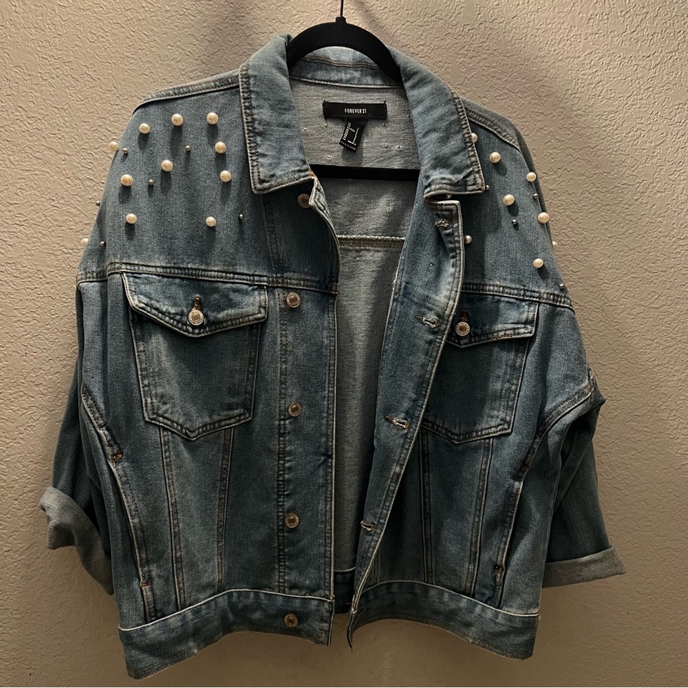Forever 21 Blue Pearl-Studded Jean Jacket